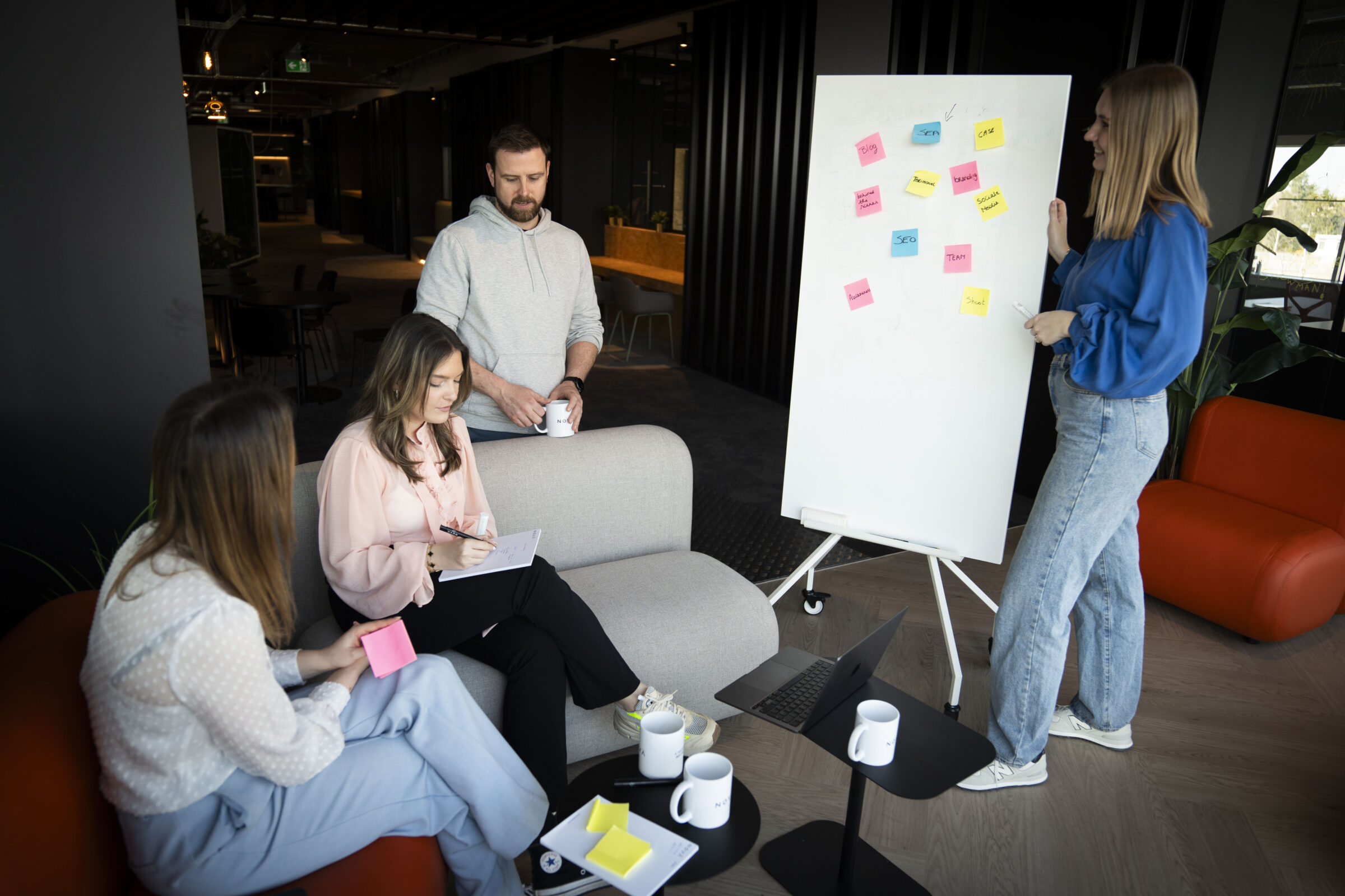 foto van team dat aan het brainstormen is over een marketingstrategie met post-its en een whiteboard
